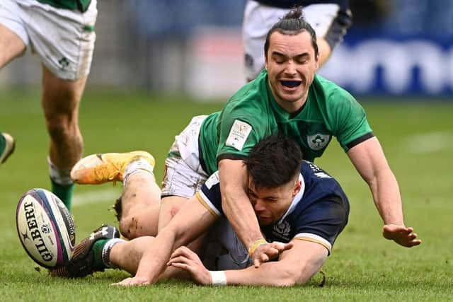 Ireland wing James Lowe and Scotland wing Sean Maitland compete at Murrayfield on March 14, 2021. (Photo by Stu Forster/Getty Images)