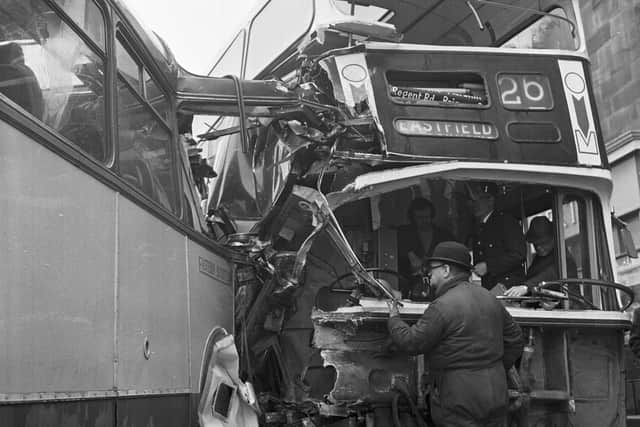 An Eastern Scottish coach and an Edinburgh Council bus collided outside Meadowbank stadium in April 1975   Pic Stan Warburton