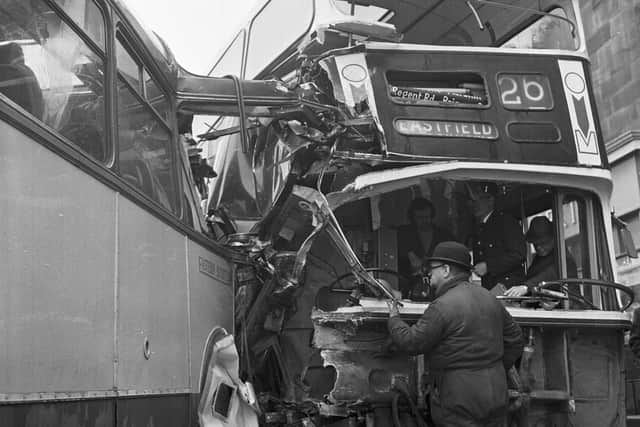 An Eastern Scottish coach and an Edinburgh Council bus collided outside Meadowbank stadium in April 1975 Pic Stan Warburton