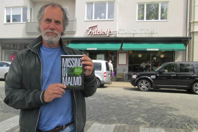 Author Torquil MacLeod outside Fridolfs, Ystad for the launch of the third in the Anita Sundstrom series, Missing in Malmo