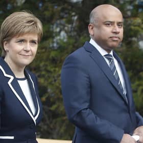 First Minister Nicola Sturgeon with Sanjeev Gupta, the head of the Liberty Group, ahead of a ceremony where Tata Steel handed over the keys of two Lanarkshire steel plants to metals firm Liberty House, at Dalzell steelworks in Scotland.
