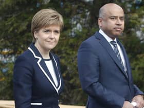 First Minister Nicola Sturgeon with Sanjeev Gupta, the head of the Liberty Group, ahead of a ceremony where Tata Steel handed over the keys of two Lanarkshire steel plants to metals firm Liberty House, at Dalzell steelworks in Scotland.