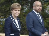 First Minister Nicola Sturgeon with Sanjeev Gupta, the head of the Liberty Group, ahead of a ceremony where Tata Steel handed over the keys of two Lanarkshire steel plants to metals firm Liberty House, at Dalzell steelworks in Scotland.