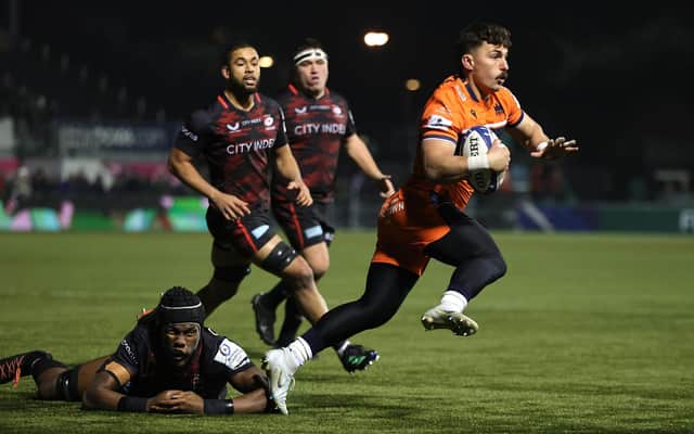 Damien Hoyland produced a brilliant interception for Edinburgh against Saracens but was just stopped short. (Photo by David Rogers/Getty Images)