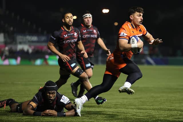 Damien Hoyland produced a brilliant interception for Edinburgh against Saracens but was just stopped short. (Photo by David Rogers/Getty Images)