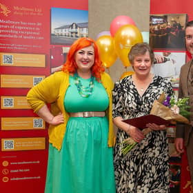 Host Michelle McManus, winner Agnes Fullerton, and Meallmore’s MD Cillian Hennessey.