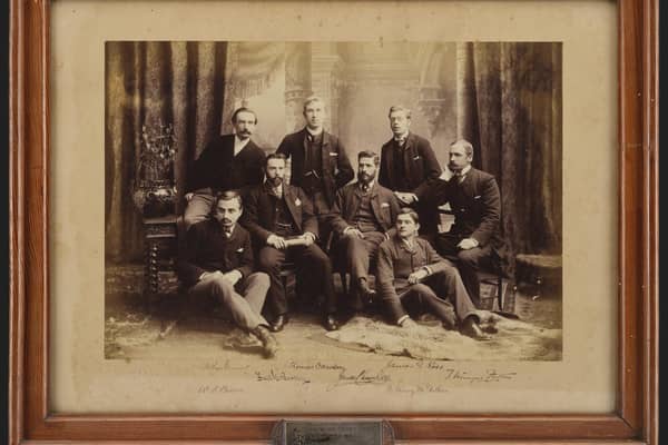 The photograph of the HMS Challenger research team who were based at 32 Queen Street, Edinburgh. The frame is made of wood taken from the ship's mast. PIC: NMS.
