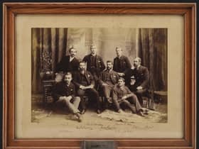 The photograph of the HMS Challenger research team who were based at 32 Queen Street, Edinburgh. The frame is made of wood taken from the ship's mast. PIC: NMS.