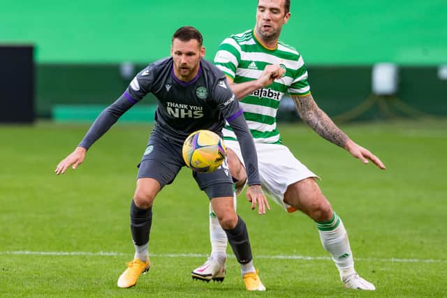 Martin Boyle tussles with Shane Duffy during Hibs' 3-0 defeat against Celtic in Glasgow on Sunday (Photo by Alan Harvey / SNS Group)
