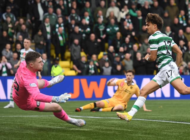 Celtic's Jota scores to make it 3-0 against Livingston on Sunday.