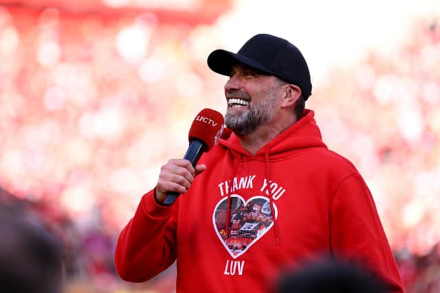 Liverpool manager Jurgen Klopp addresses the Anfield crowd at the end of his final match in charge. (Photo by Andrew Powell/Liverpool FC via Getty Images)