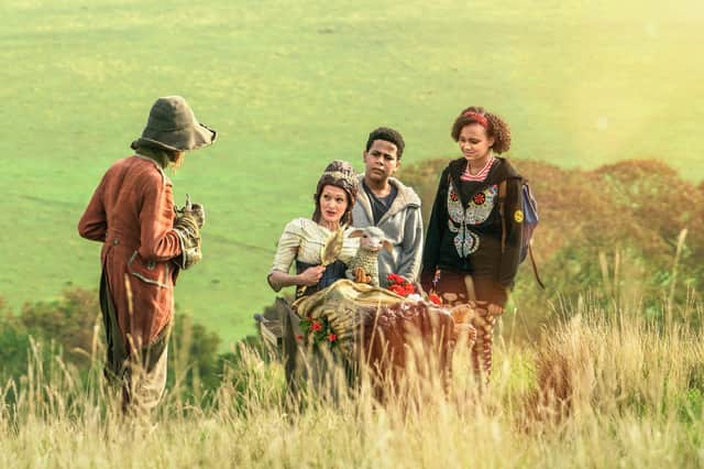 Mackenzie Crook as Worzel Gummidge, Shirley Henderson as Saucy Nancy, Thierry Wickens as John and India Brown as Susan, on their journey to the coast in a bid to reunite ship's figurehead Nancy with her ship.