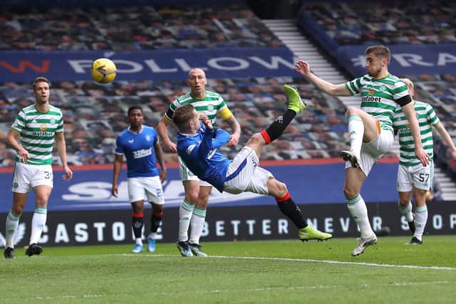 Steven Davis acrobatically makes the breakthrough for Rangers in their Scottish Cup last 16 victory over Celtic at Ibrox on Sunday. (Photo by Ian MacNicol/Getty Images)