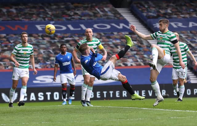 Steven Davis acrobatically makes the breakthrough for Rangers in their Scottish Cup last 16 victory over Celtic at Ibrox on Sunday. (Photo by Ian MacNicol/Getty Images)