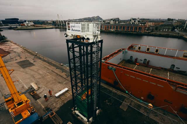 The 15m-high lattice-work tower at Leith docks is part of a pioneering green energy storage project which will be able to provide emergency power in a matter of seconds (Photo: Peter Dibdin).