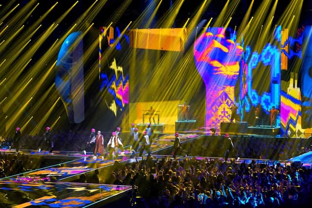 Kalush Orchestra perform on stage at the MTV Europe Music Awards 2022 held at the PSD Bank Dome, Dusseldorf.