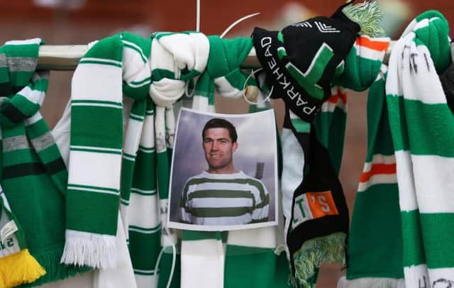 Tributes at the main entrance at Celtic Park for legendary former player Bertie Auld who passed away aged 83. (Photo by Craig Williamson / SNS Group)