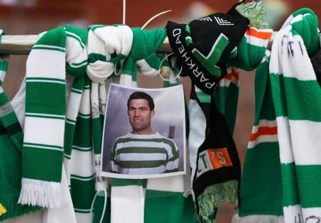 Tributes at the main entrance at Celtic Park for legendary former player Bertie Auld who passed away aged 83. (Photo by Craig Williamson / SNS Group)