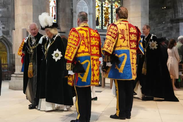 King Charles III and Queen Camilla (centre left) with the Duke of Edinburgh (right) leave after attending the Order of the Thistle Service at St Giles' Cathedral in Edinburgh, for the installation to the Order of the Queen, the Duke of Edinburgh, Baroness Black of Strome LT, Baroness Kennedy of The Shaws LT and Sir Geoff Palmer KT. Picture: Andrew Milligan/PA Wire