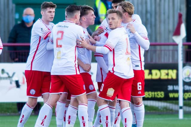 Brechin City players celebrate their equaliser against Kelty Hearts on Tuesday - .they will have to score at least once today to avoid slipping out of the Scottish League (Photo by Mark Scates / SNS Group)