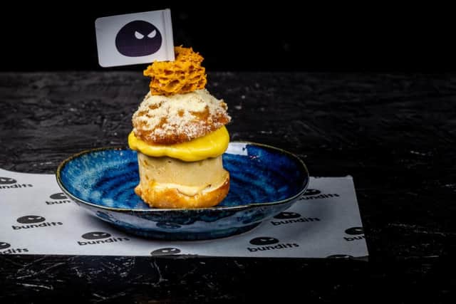 Honeycomb, banana and passionfruit curd bao