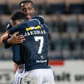 Dundee's Alex Jakubiak and Zach Robinson celebrate after the 3-1 win over Ayr United on Tuesday. (Photo by Paul Devlin / SNS Group)