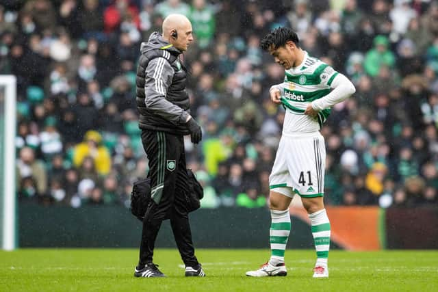 Celtic's Reo Hatate went off injured against Hibs on March 18 and is out of the Old Firm match against Rangers this weekend. (Photo by Alan Harvey / SNS Group)