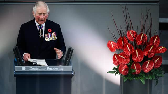 Prince Charles, the Prince of Wales, gives a speech during a memorial ceremony at the German parliament Bundestag to commemorate the national day of mourning for the victims of war and dictatorship at the Bundestag. Picture: Clemens Bilan - Pool/Getty Images