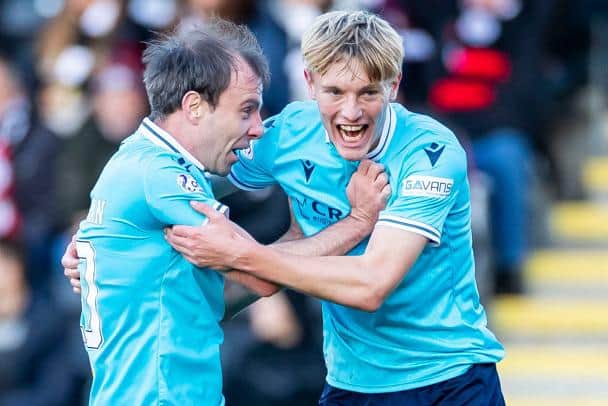 'Do a knee slide': Max Anderson forgets his celebration plans after opening the scoring against St Mirren. (Photo by Roddy Scott / SNS Group)