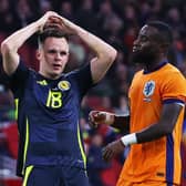 Scotland's Lawrence Shankland after hitting the crossbar in the 4-0 defeat to the Netherlands. (Photo by Craig Williamson / SNS Group)