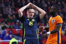 Scotland's Lawrence Shankland after hitting the crossbar in the 4-0 defeat to the Netherlands. (Photo by Craig Williamson / SNS Group)