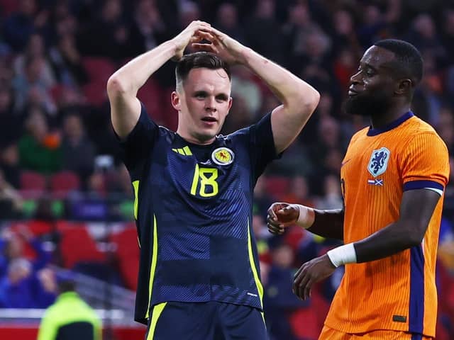 Scotland's Lawrence Shankland after hitting the crossbar in the 4-0 defeat to the Netherlands. (Photo by Craig Williamson / SNS Group)