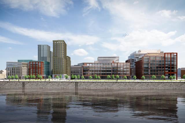 A CGI showing the completed Buchanan Wharf development on the south bank of the Clyde in Glasgow city centre.