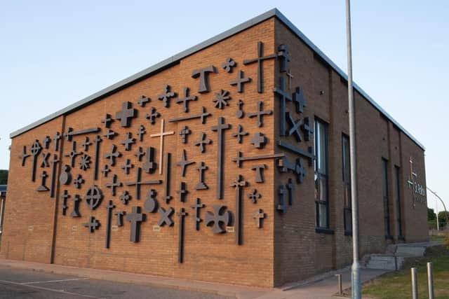St Rollox Church in Sighthill, Glasgow which has been adorned with 77 crosses fashioned out of concrete by prizewinning sculptor Michael Visocchi.