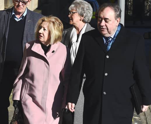 Former First Minister Alex Salmond arrives with his wife Moira  at the High Court in Edinburgh on day nine of his trial. Picture: Lisa Ferguson