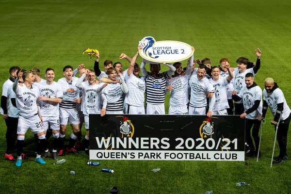 Queens Park celebrate winning the Scottish League Two title.