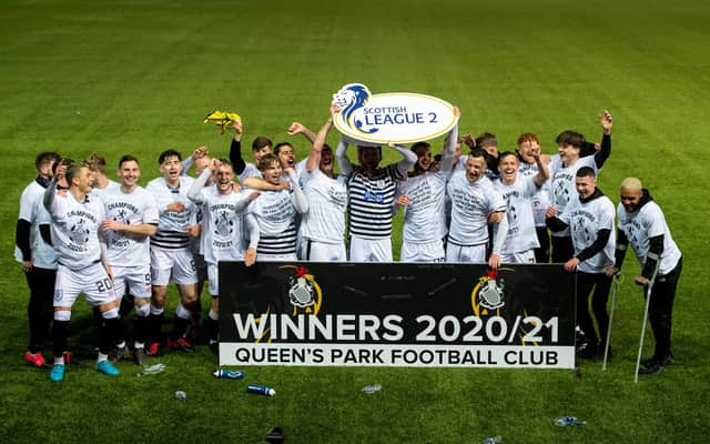 Queens Park celebrate winning the Scottish League Two title.