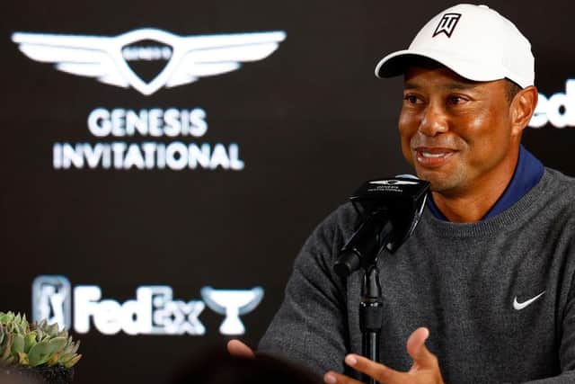 Tiger Woods during a press conference prior to The Genesis Invitational at Riviera Country Club in Pacific Palisades, California. Picture: Ronald Martinez/Getty Images.