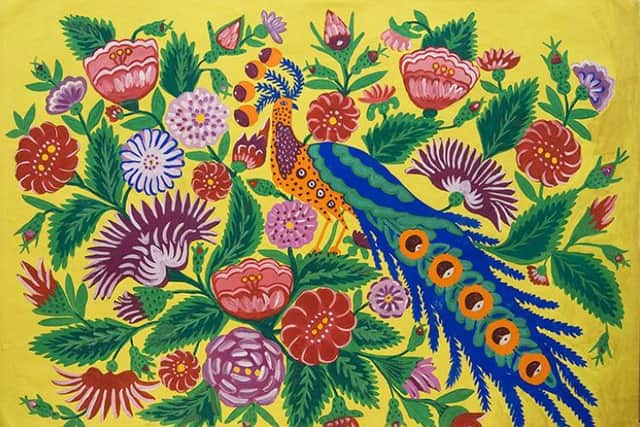 Bird, 1962, by Ukrainian folk artist Maria Prymachenko. A number of works were reportedly destroyed in a Russian attack on Ivankiv Historical and Local History Museum. It has now been claimed that several pieces were also saved by a villager who defied the flames to retrieve the artworks. PIC: Contributed.