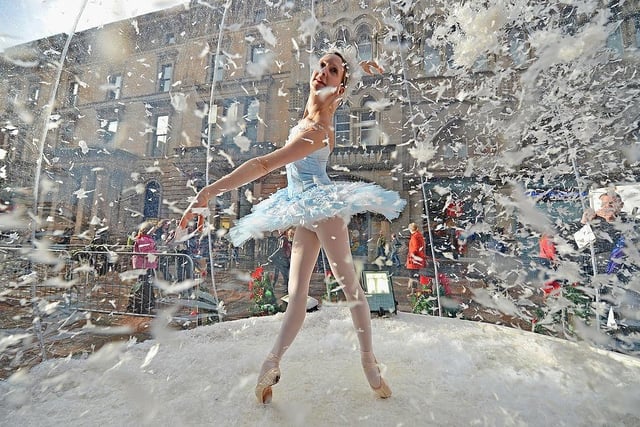 Claire Robertson from Scottish Ballet, poses dressed as the Good Snow Flake inside a life size snow globe on Buchanan Street during a promotion for Scottish Ballet’s festive production of The Nutcracker in 2012.