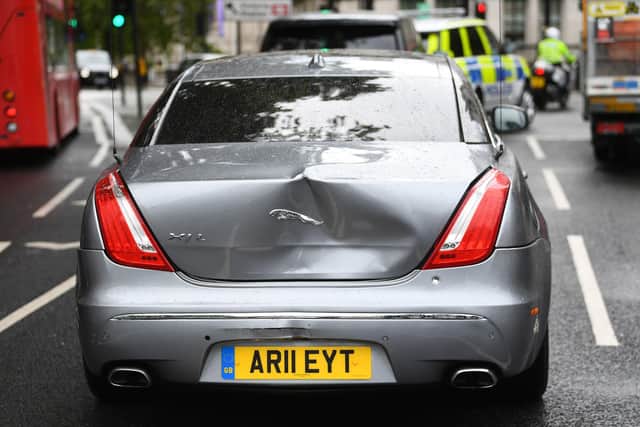 Damage to Prime Minister Boris Johnson's car after a man ran in front of it as he left the Houses of Parliament, Westminster.
