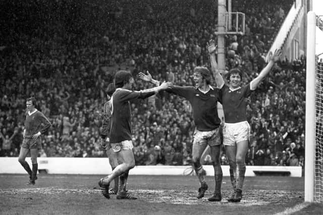 Celebrating an Everton goal with Bruce Rioch and Duncan McKenzie