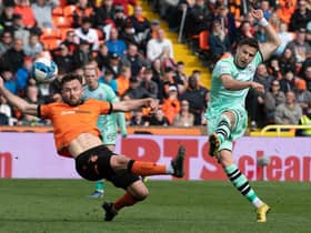 Hibs substitute Mykola Kukharevych fires home an equaliser - but Dundee United would go on to win 2-1.  (Photo by Ross Parker / SNS Group)
