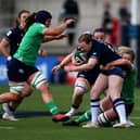 Scotland's Meryl Smith  is tackled by Edel McMahon of Ireland during the Guinness Women's Six Nations match at Kingspan Stadium, Belfast. (Photo by Charles McQuillan/Getty Images)