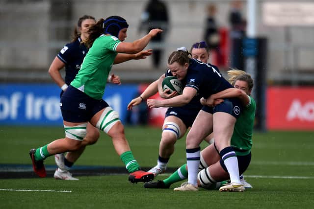 Scotland's Meryl Smith is tackled by Edel McMahon of Ireland during the Guinness Women's Six Nations match at Kingspan Stadium, Belfast. (Photo by Charles McQuillan/Getty Images)