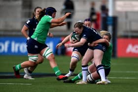 Scotland's Meryl Smith  is tackled by Edel McMahon of Ireland during the Guinness Women's Six Nations match at Kingspan Stadium, Belfast. (Photo by Charles McQuillan/Getty Images)