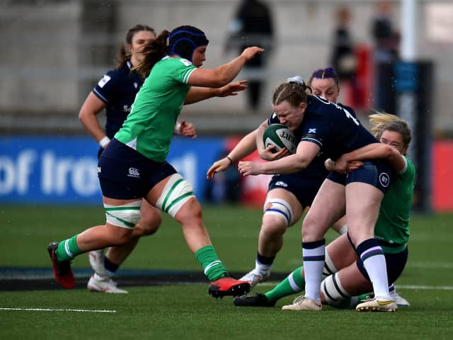 Scotland's Meryl Smith  is tackled by Edel McMahon of Ireland during the Guinness Women's Six Nations match at Kingspan Stadium, Belfast. (Photo by Charles McQuillan/Getty Images)