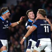 Duhan van der Merwe of Scotland celebrates after scoring the second try during the Six Nations Rugby match between England and Scotland at Twickenham.