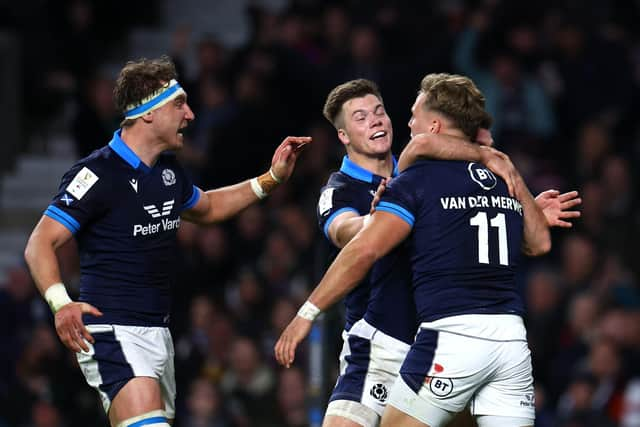 Duhan van der Merwe of Scotland celebrates after scoring the second try during the Six Nations Rugby match between England and Scotland at Twickenham.