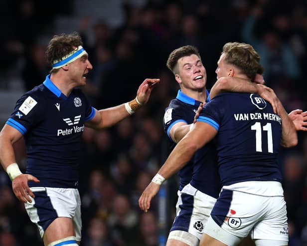Duhan van der Merwe of Scotland celebrates after scoring the second try during the Six Nations Rugby match between England and Scotland at Twickenham.